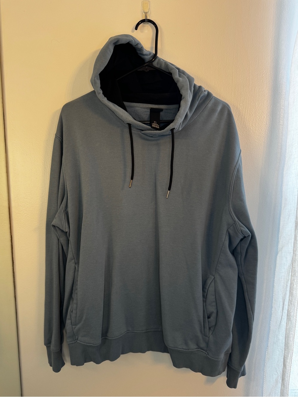 H&M Men's Hoodie in Dusty Blue with Black Drawstrings